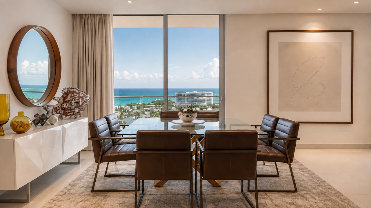 Comedor con mesa de cristal, sillones de piel y ventanal con vista al mar Caribe