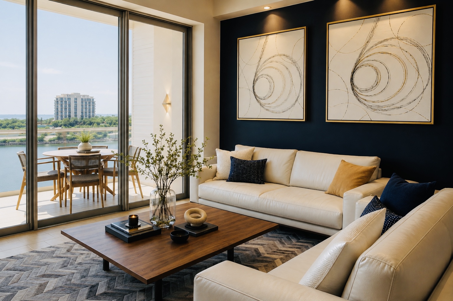 Sala residencial contemporánea con sofás blancos y terraza con vista al agua
