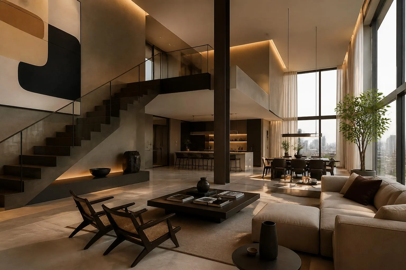 Interior de doble altura con escalera volada, piso de piedra continua y ventanales de piso a techo